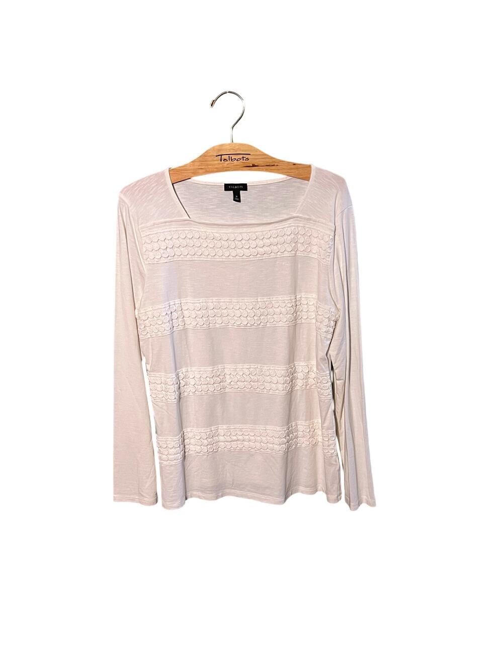 Talbots Women's Elegant White Eyelet Stripe Long Sleeve Top Size Medium
